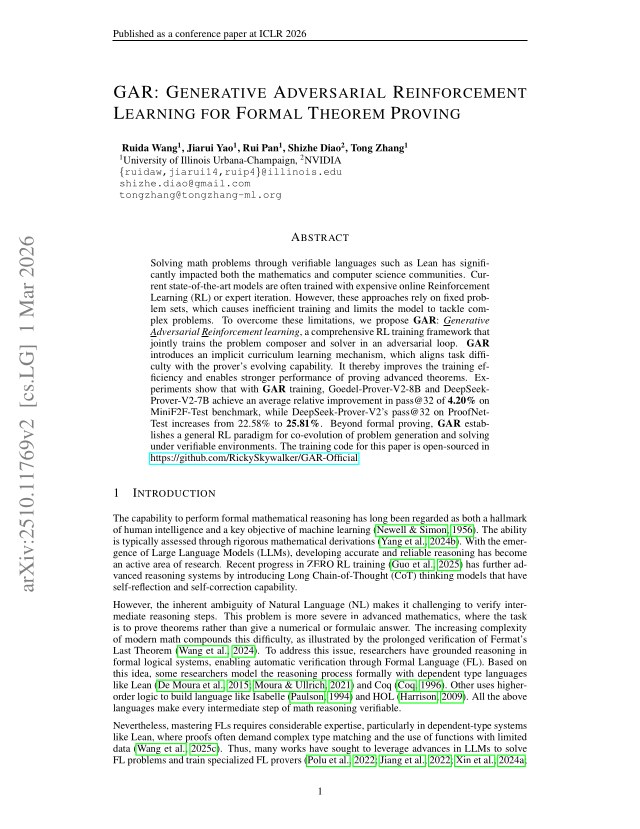First page of GAR: Generative Adversarial Reinforcement Learning for Formal Theorem Proving