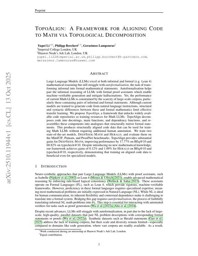 First page of TopoAlign: A Framework for Aligning Code to Math via Topological Decomposition