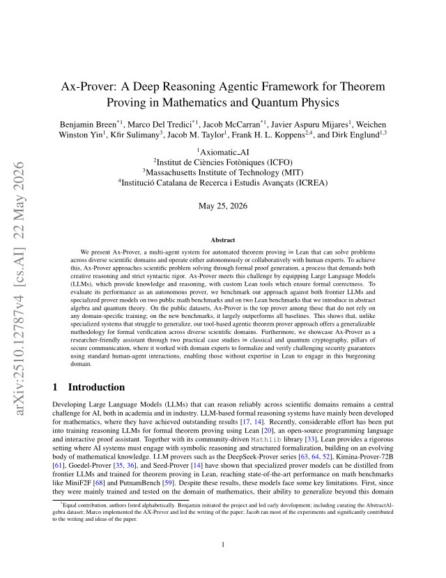 First page of Ax-Prover: A Deep Reasoning Agentic Framework for Theorem Proving in Mathematics and Quantum Physics