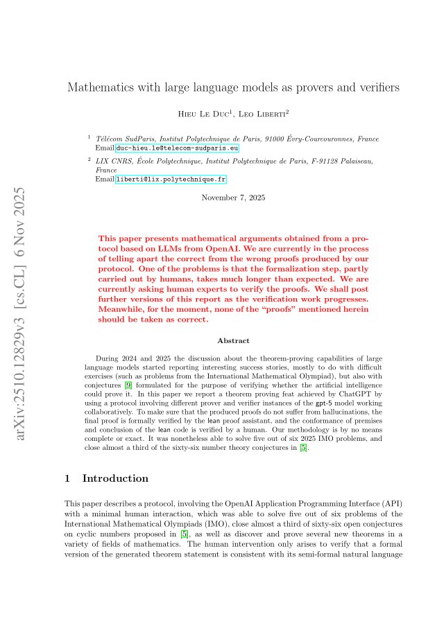 First page of Mathematics with large language models as provers and verifiers