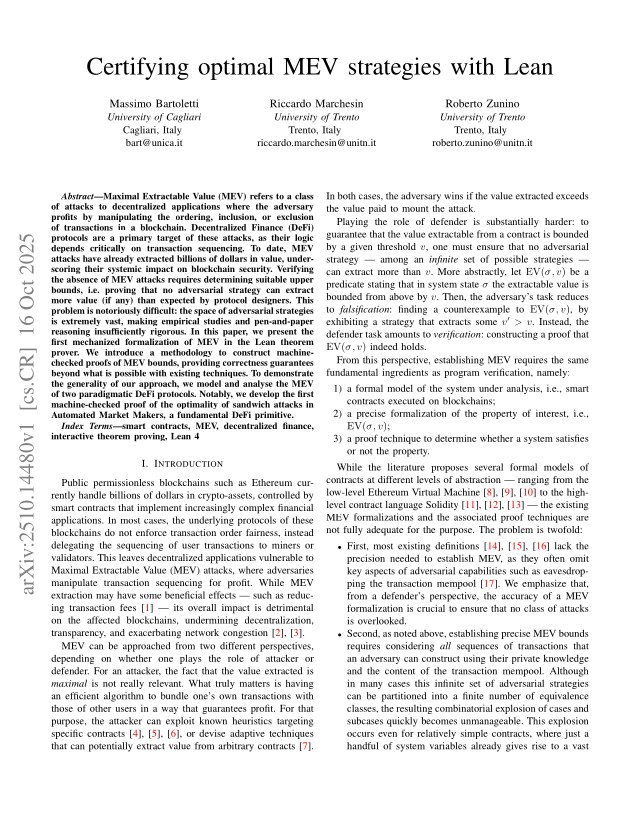 First page of Certifying optimal MEV strategies with Lean