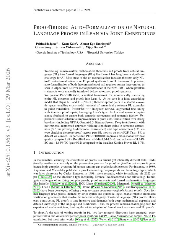 First page of ProofBridge: Auto-Formalization of Natural Language Proofs in Lean via Joint Embeddings