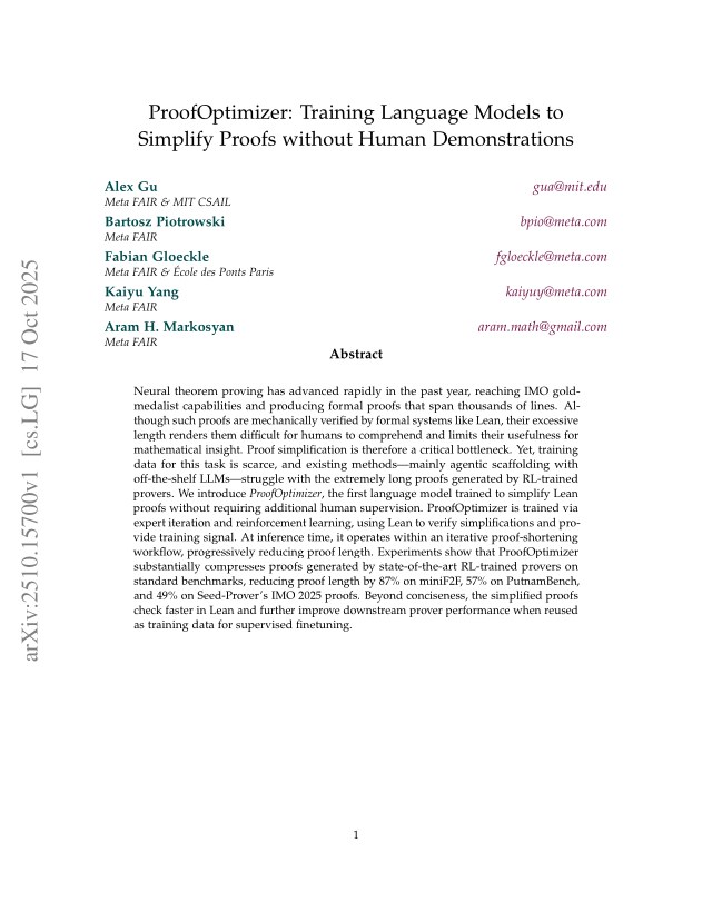 First page of ProofOptimizer: Training Language Models to Simplify Proofs without Human Demonstrations