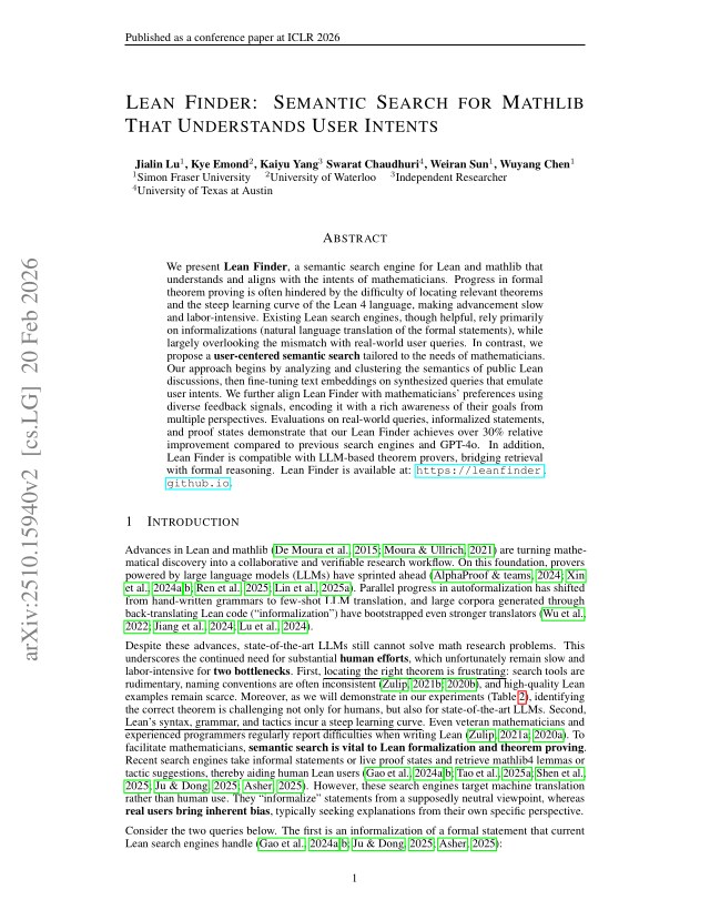 First page of Lean Finder: Semantic Search for Mathlib That Understands User Intents