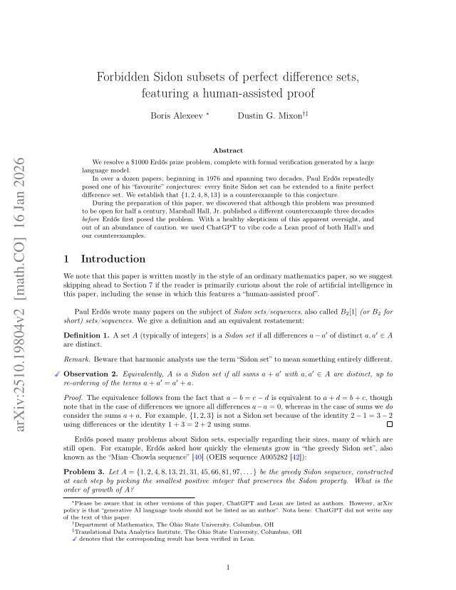 First page of Forbidden Sidon subsets of perfect difference sets, featuring a human-assisted proof