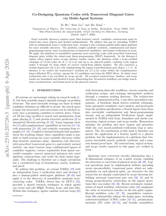 First page of Co-Designing Quantum Codes with Transversal Diagonal Gates via Multi-Agent Systems