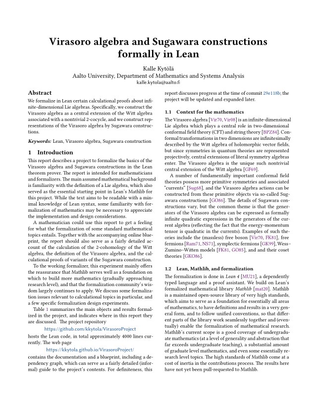 First page of Virasoro algebra and Sugawara constructions formally in Lean