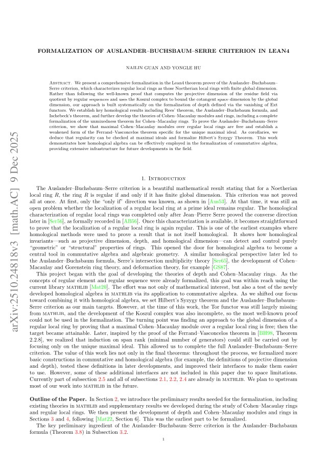 First page of Formalization of Auslander--Buchsbaum--Serre criterion in Lean4