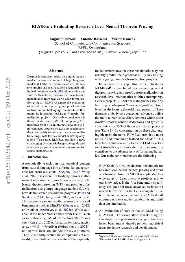 First page of RLMEval: Evaluating Research-Level Neural Theorem Proving