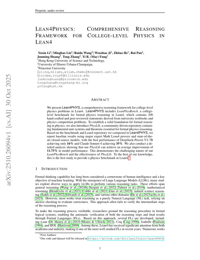 First page of Lean4Physics: Comprehensive Reasoning Framework for College-level Physics in Lean4