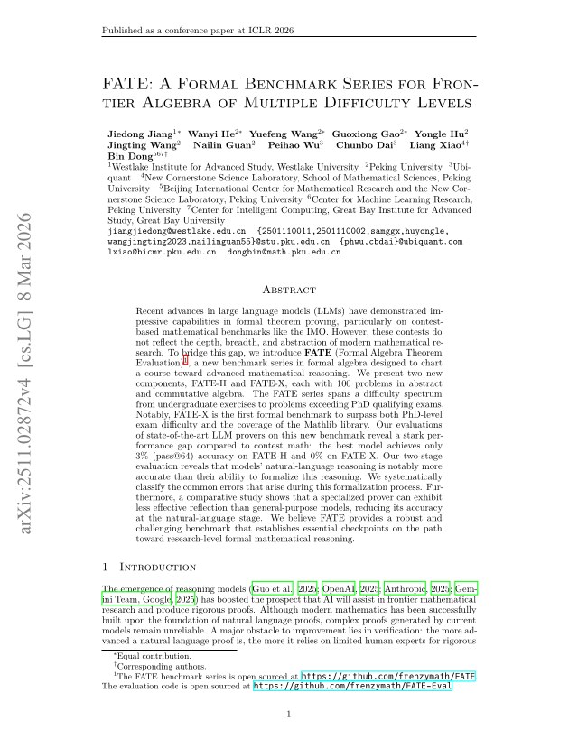First page of FATE: A Formal Benchmark Series for Frontier Algebra of Multiple Difficulty Levels