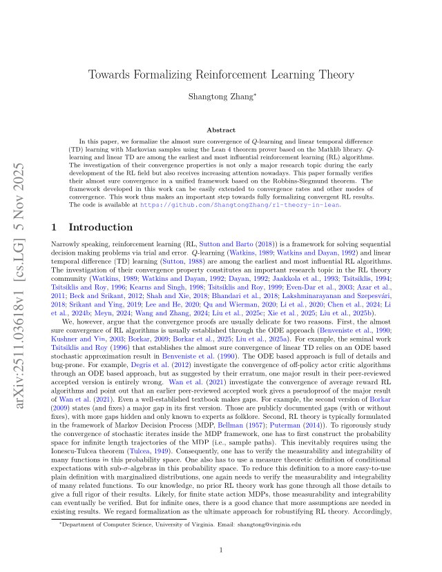 First page of Towards Formalizing Reinforcement Learning Theory