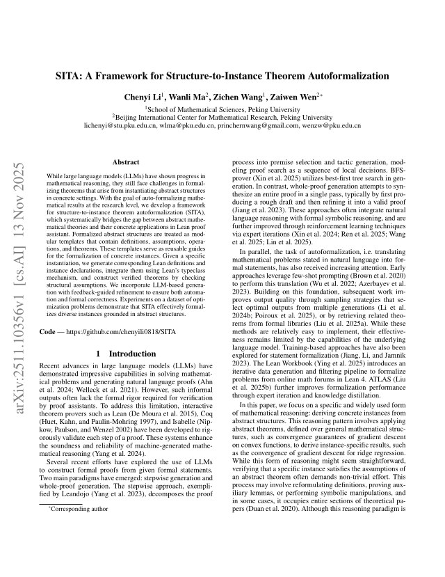 First page of SITA: A Framework for Structure-to-Instance Theorem Autoformalization