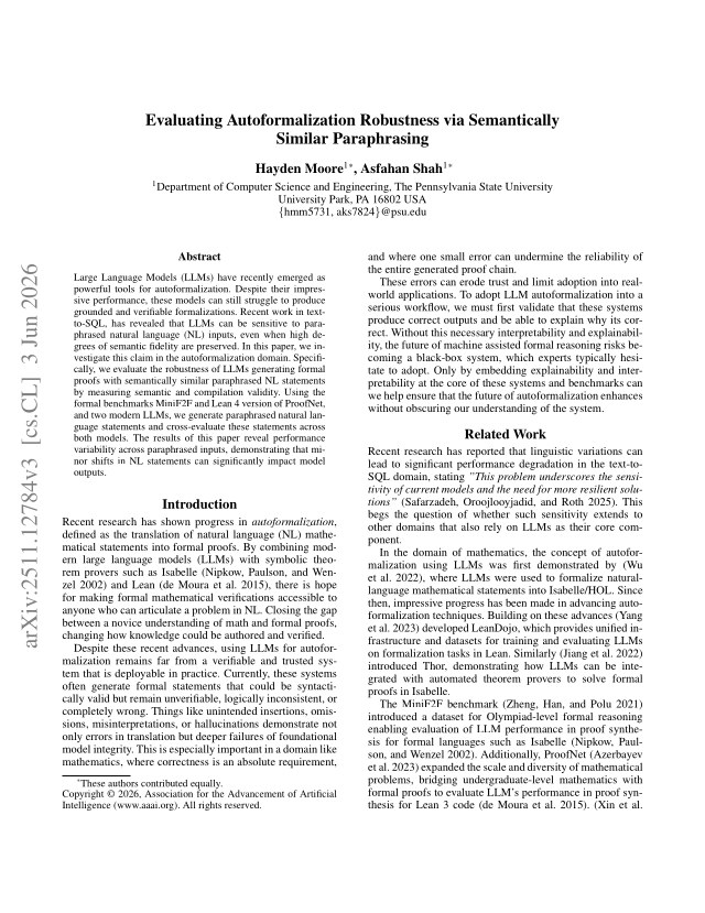 First page of Evaluating Autoformalization Robustness via Semantically Similar Paraphrasing