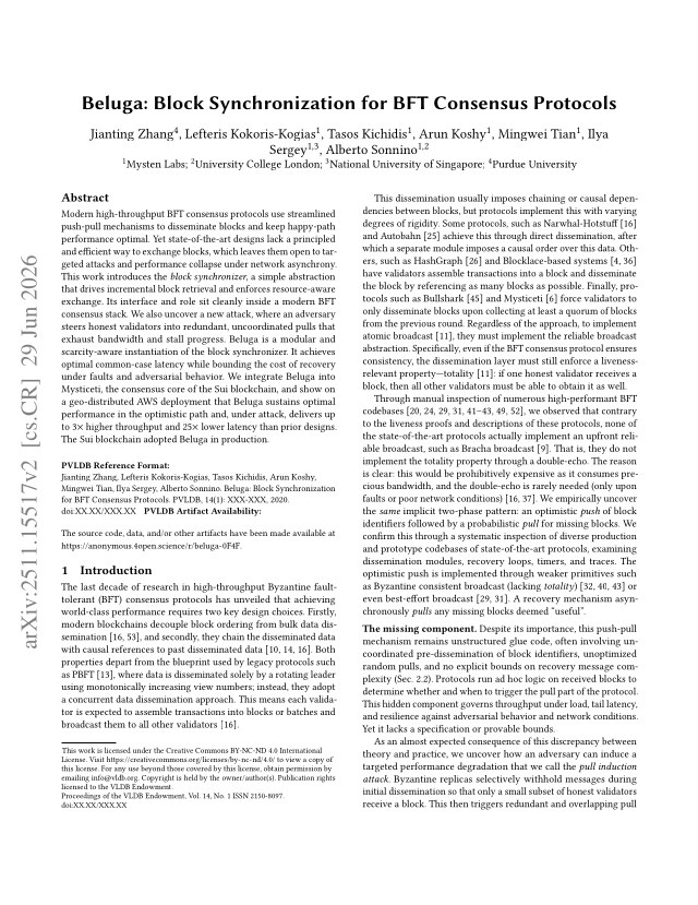 First page of Beluga: Block Synchronization for BFT Consensus Protocols