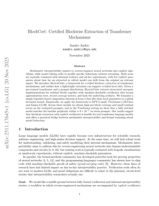 First page of BlockCert: Certified Blockwise Extraction of Transformer Mechanisms