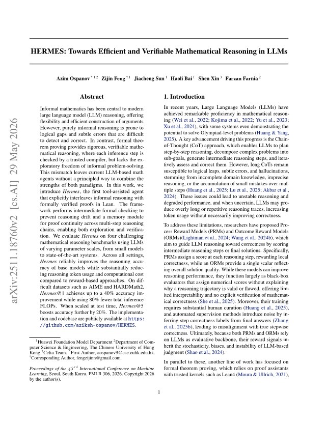 First page of HERMES: Towards Efficient and Verifiable Mathematical Reasoning in LLMs