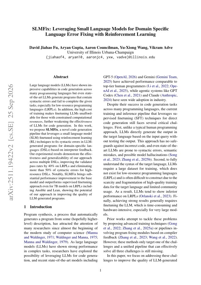 First page of SLMFix: Leveraging Small Language Models for Domain Specific Language Error Fixing with Reinforcement Learning
