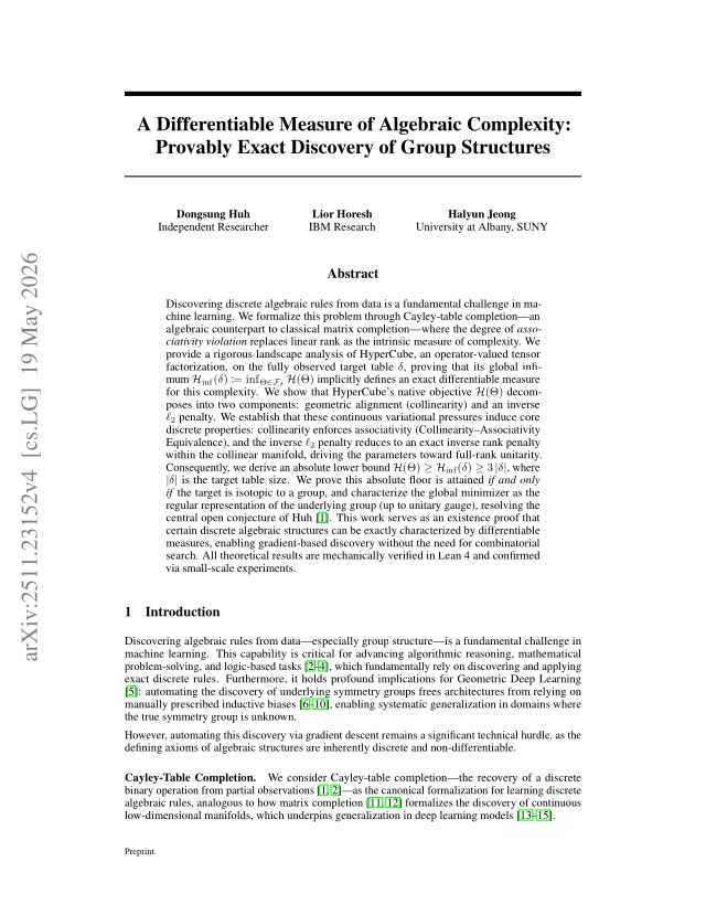 First page of A Differentiable Measure of Algebraic Complexity: Provably Exact Discovery of Group Structures