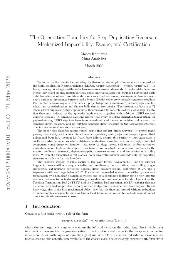 First page of The Orientation Boundary for Step-Duplicating Recursors: Mechanized Impossibility, Escape, and Certification