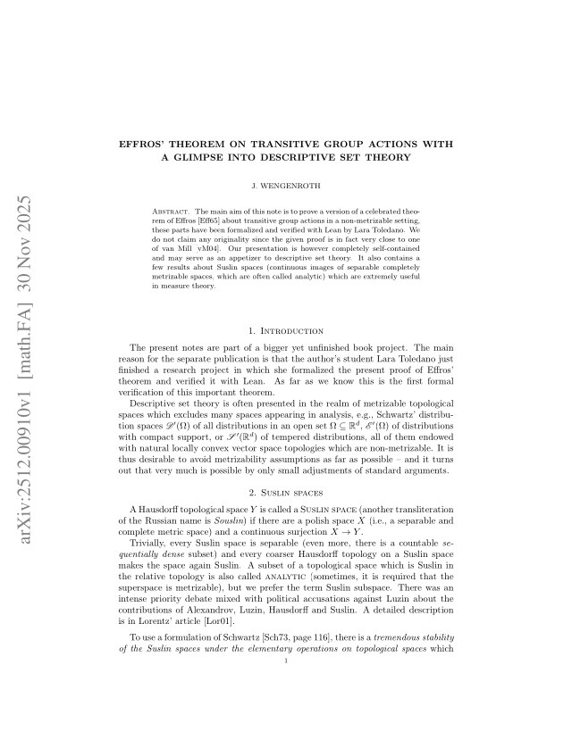 First page of Effros' theorem on transitive group actions with a glimpse into descriptive set theory