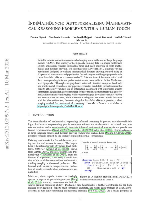 First page of IndiMathBench: Autoformalizing Mathematical Reasoning Problems with a Human Touch