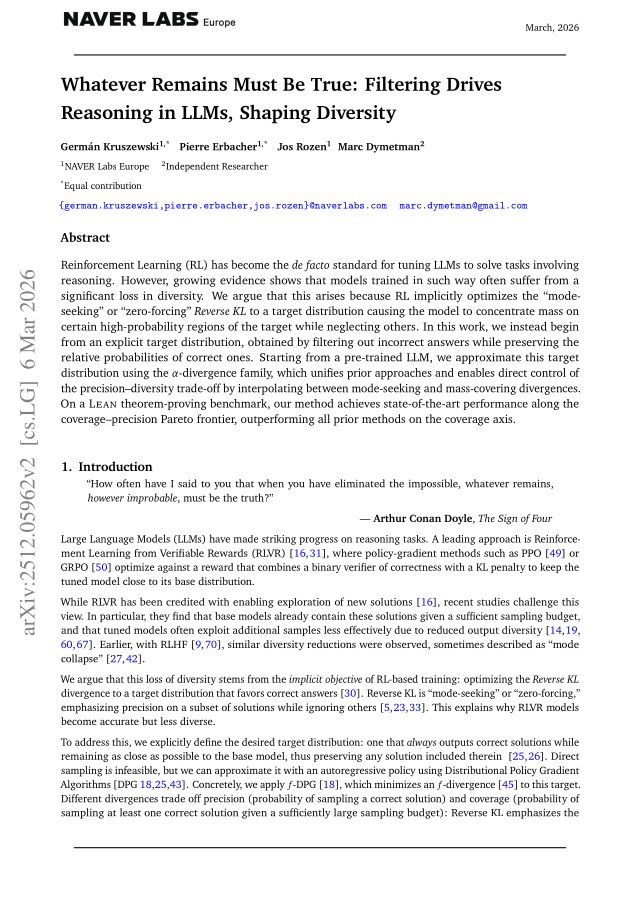 First page of Whatever Remains Must Be True: Filtering Drives Reasoning in LLMs, Shaping Diversity