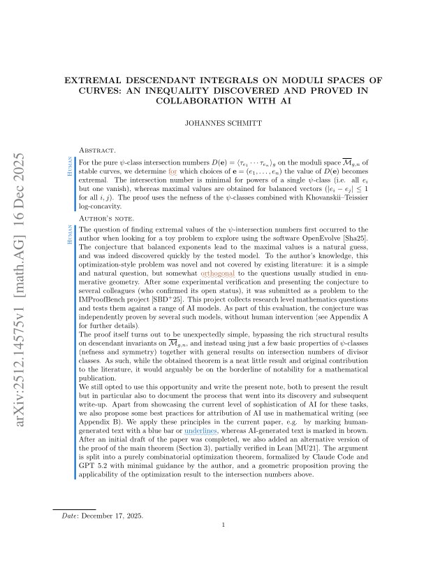 First page of Extremal descendant integrals on moduli spaces of curves: An inequality discovered and proved in collaboration with AI