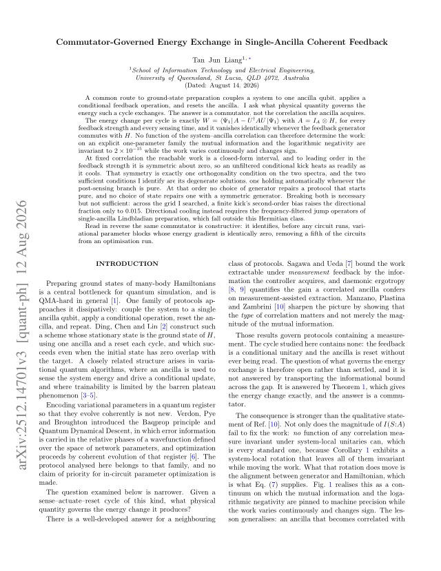 First page of Commutator-Governed Energy Exchange in Single-Ancilla Coherent Feedback