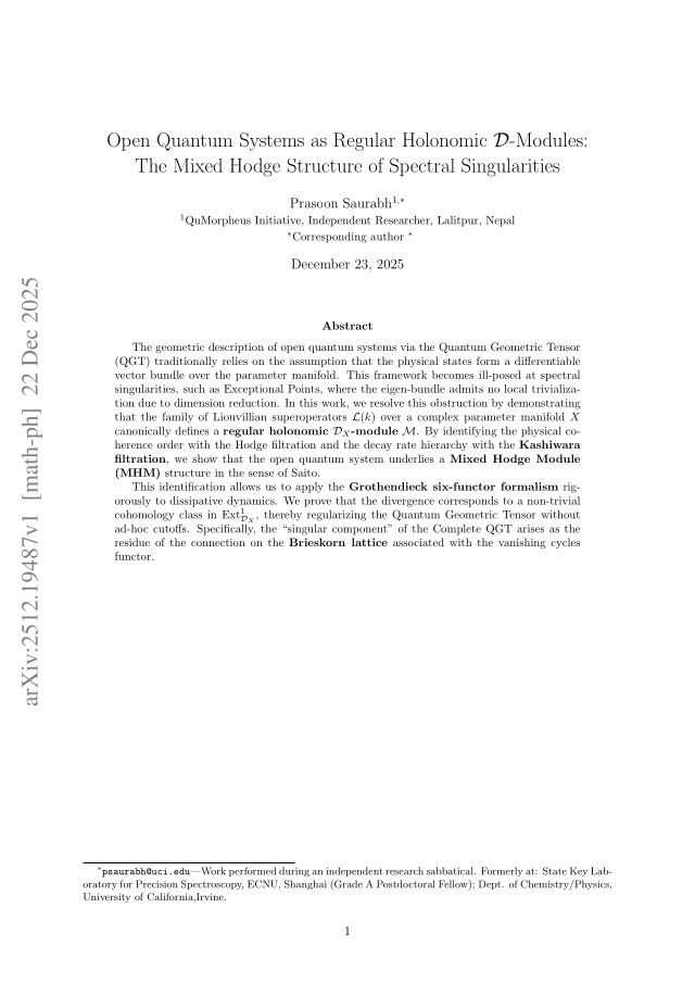 First page of Open Quantum Systems as Regular Holonomic $\mathcal{D}$-Modules: The Mixed Hodge Structure of Spectral Singularities