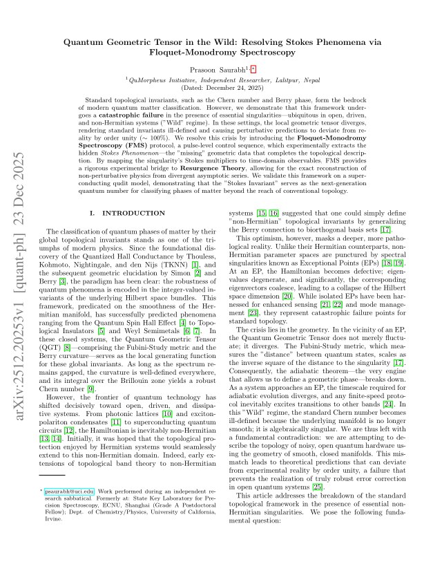 First page of Quantum Geometric Tensor in the Wild: Resolving Stokes Phenomena via Floquet-Monodromy Spectroscopy