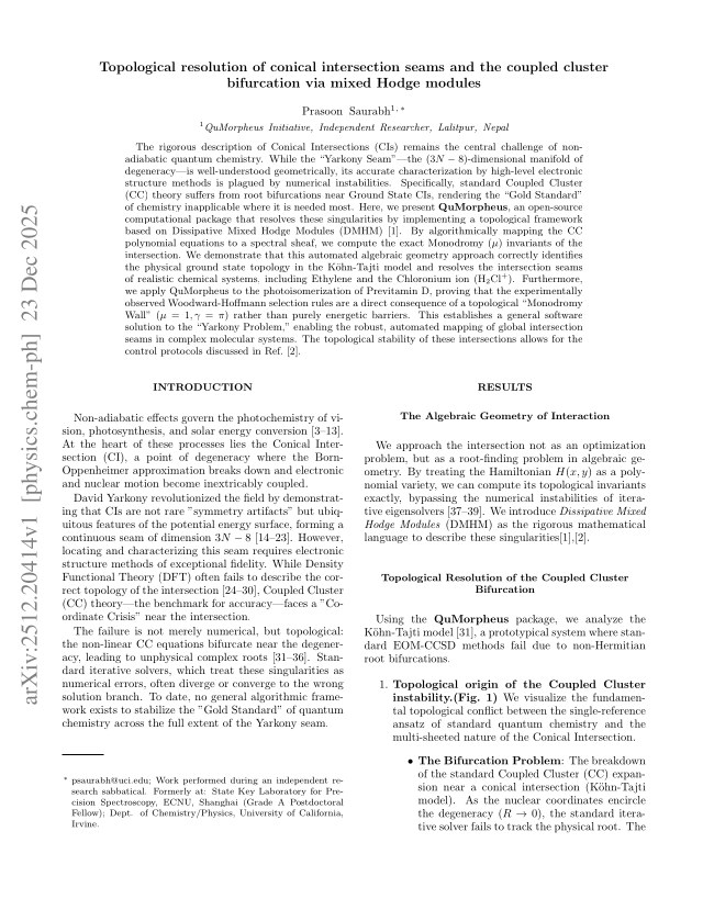 First page of Topological resolution of conical intersection seams and the coupled cluster bifurcation via mixed Hodge modules