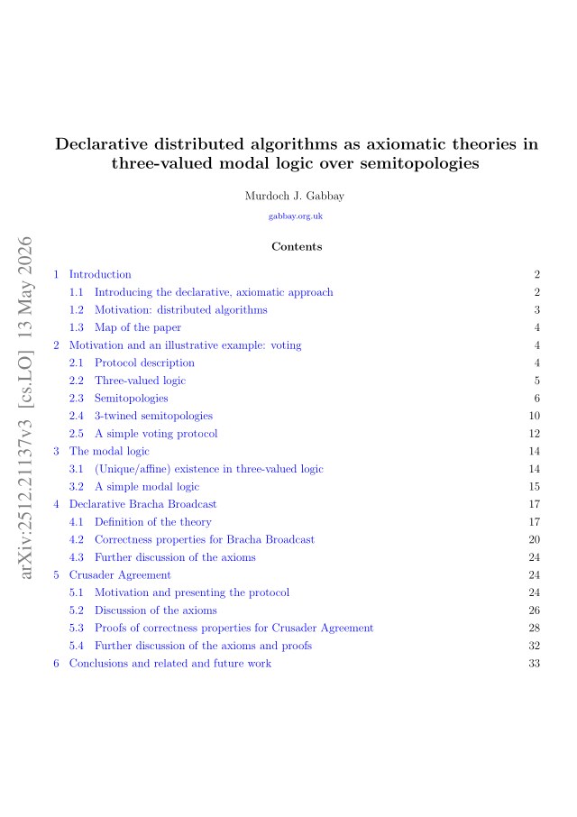 First page of Declarative distributed algorithms as axiomatic theories in three-valued modal logic over semitopologies