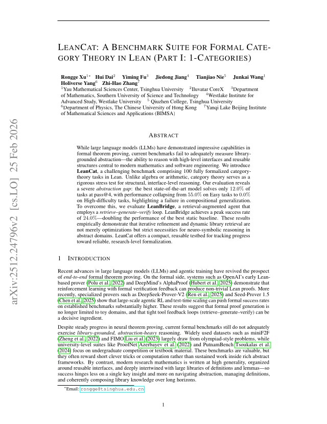 First page of LeanCat: A Benchmark Suite for Formal Category Theory in Lean (Part I: 1-Categories)