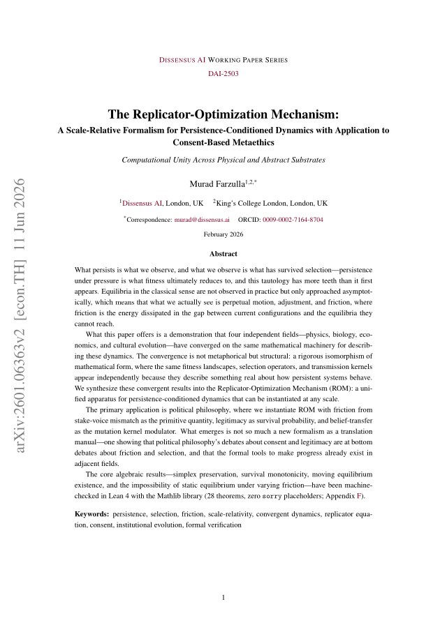 First page of The Replicator-Optimization Mechanism: A Scale-Relative Formalism for Persistence-Conditioned Dynamics with Application to Consent-Based Metaethics