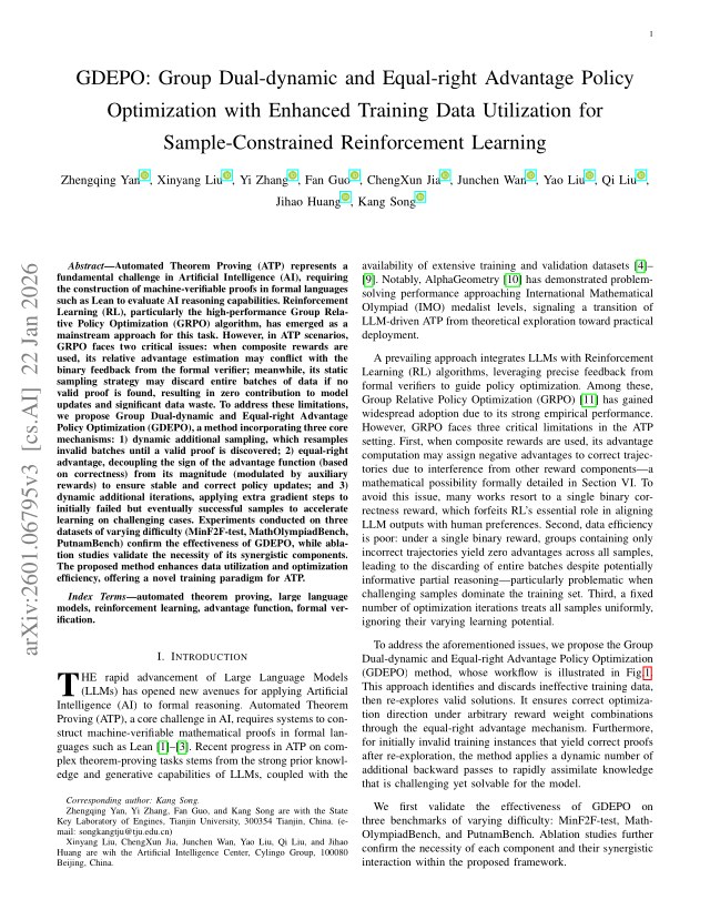 First page of GDEPO: Group Dual-dynamic and Equal-right Advantage Policy Optimization with Enhanced Training Data Utilization for Sample-Constrained Reinforcement Learning