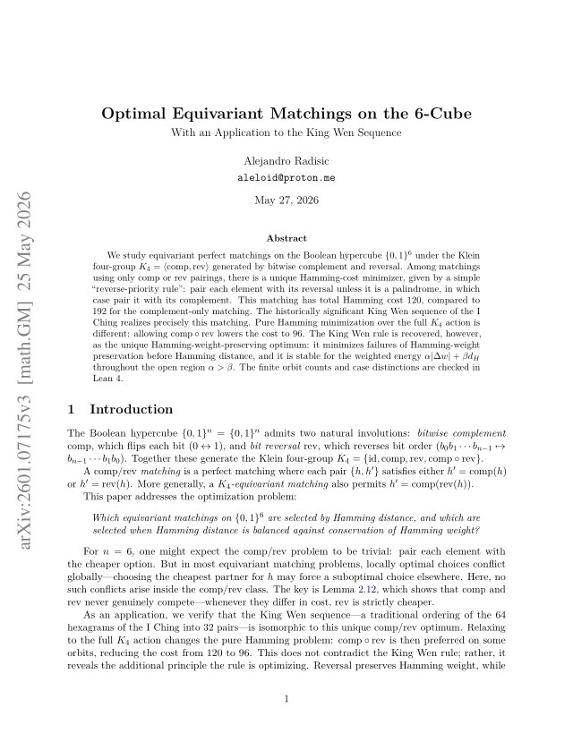 First page of Optimal Equivariant Matchings on the 6-Cube with an Application to the King Wen Sequence