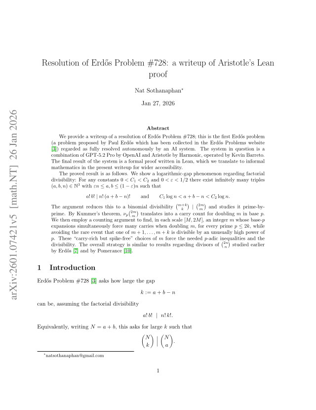 First page of Resolution of Erdős Problem #728: a writeup of Aristotle's Lean proof