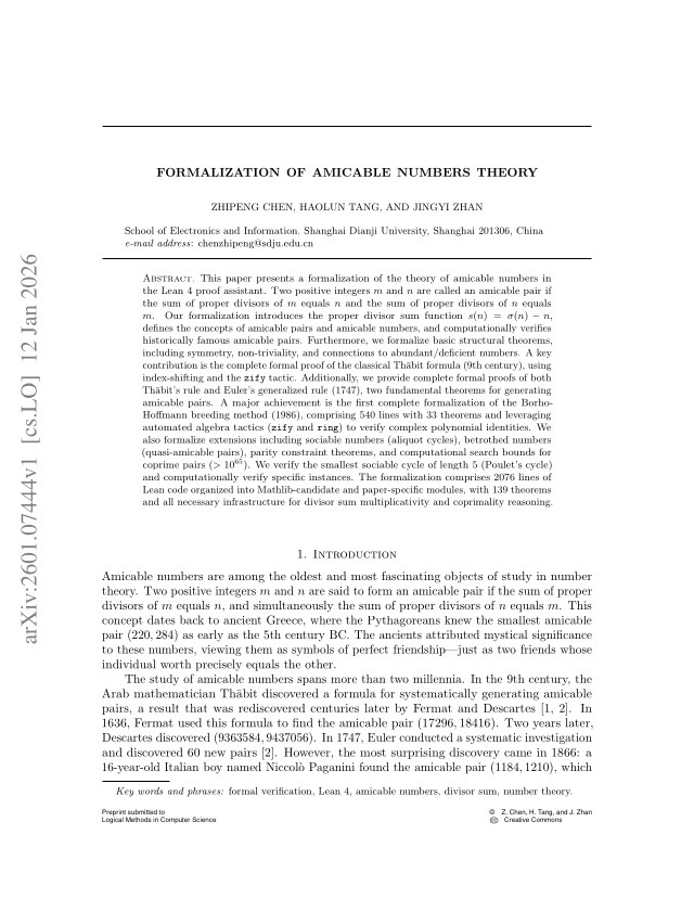 First page of Formalization of Amicable Numbers Theory