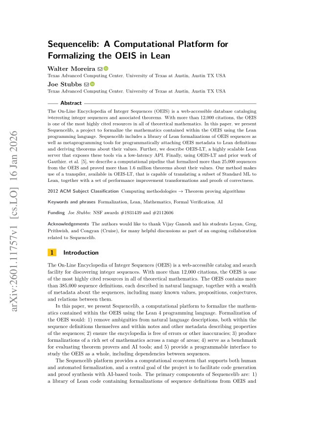 First page of Sequencelib: A Computational Platform for Formalizing the OEIS in Lean