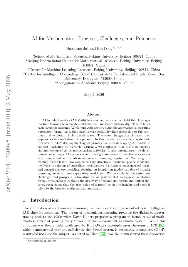 First page of AI for Mathematics: Progress, Challenges, and Prospects