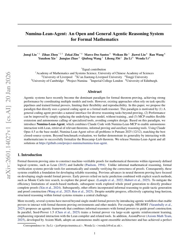First page of Numina-Lean-Agent: An Open and General Agentic Reasoning System for Formal Mathematics
