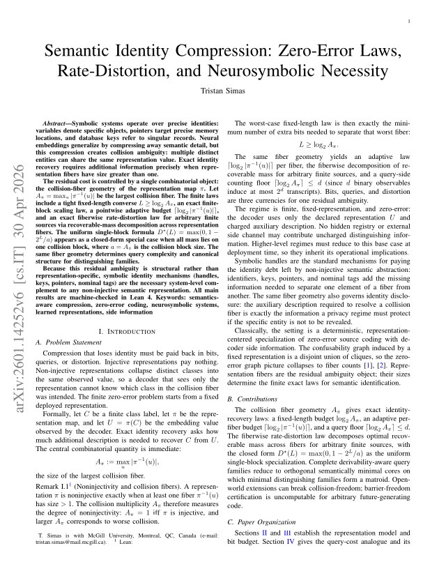 First page of Semantic Identity Compression: Zero-Error Laws, Rate-Distortion, and Neurosymbolic Necessity