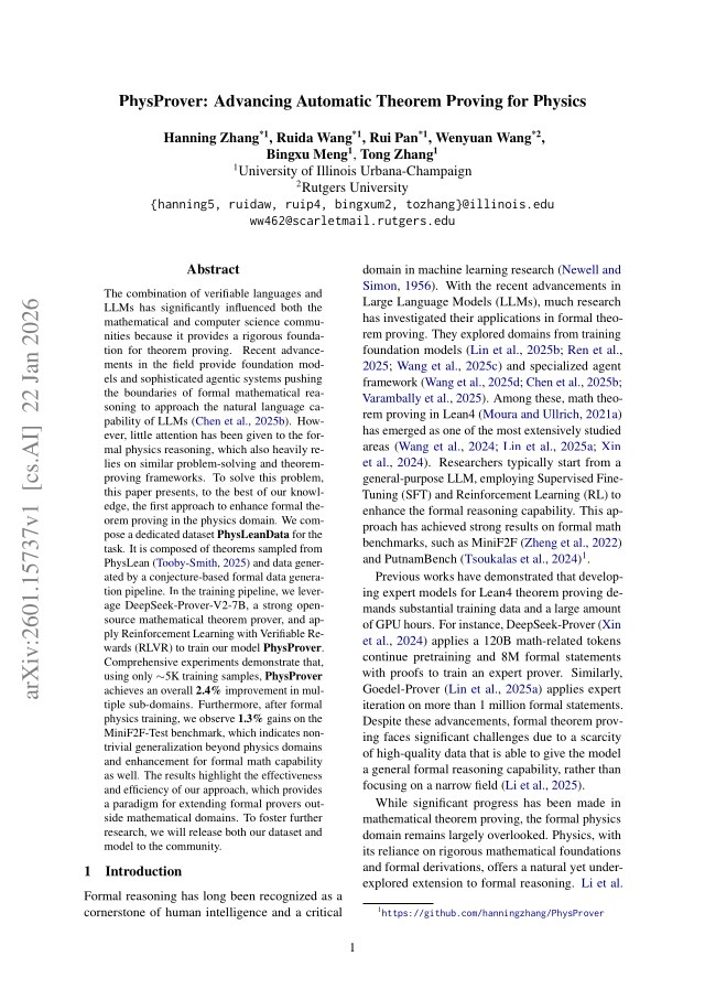 First page of PhysProver: Advancing Automatic Theorem Proving for Physics