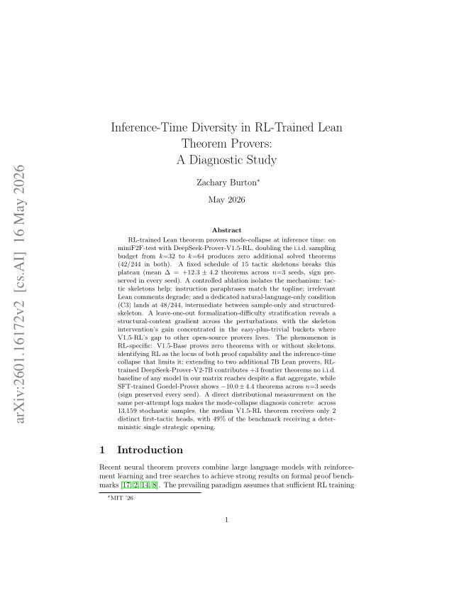 First page of Inference-Time Diversity in RL-Trained Lean Theorem Provers: A Diagnostic Study