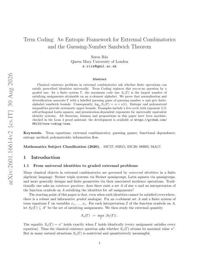First page of Term Coding: An Entropic Framework for Extremal Combinatorics and the Guessing–Number Sandwich Theorem