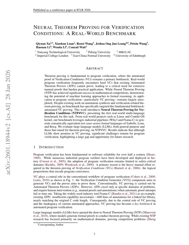 First page of Neural Theorem Proving for Verification Conditions: A Real-World Benchmark