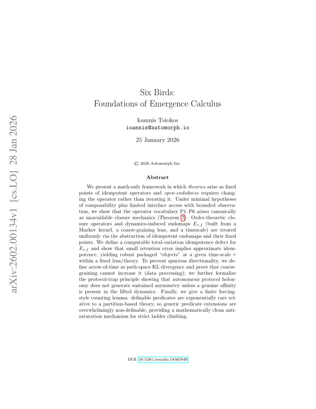 First page of Six Birds: Foundations of Emergence Calculus