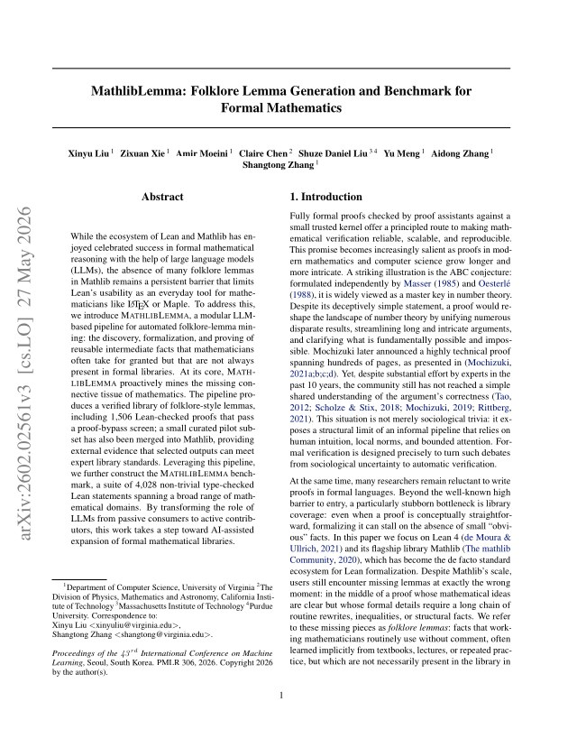 First page of MathlibLemma: Folklore Lemma Generation and Benchmark for Formal Mathematics