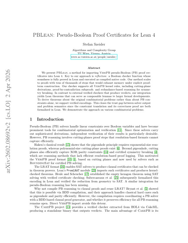 First page of PBLean: Pseudo-Boolean Proof Certificates for Lean 4